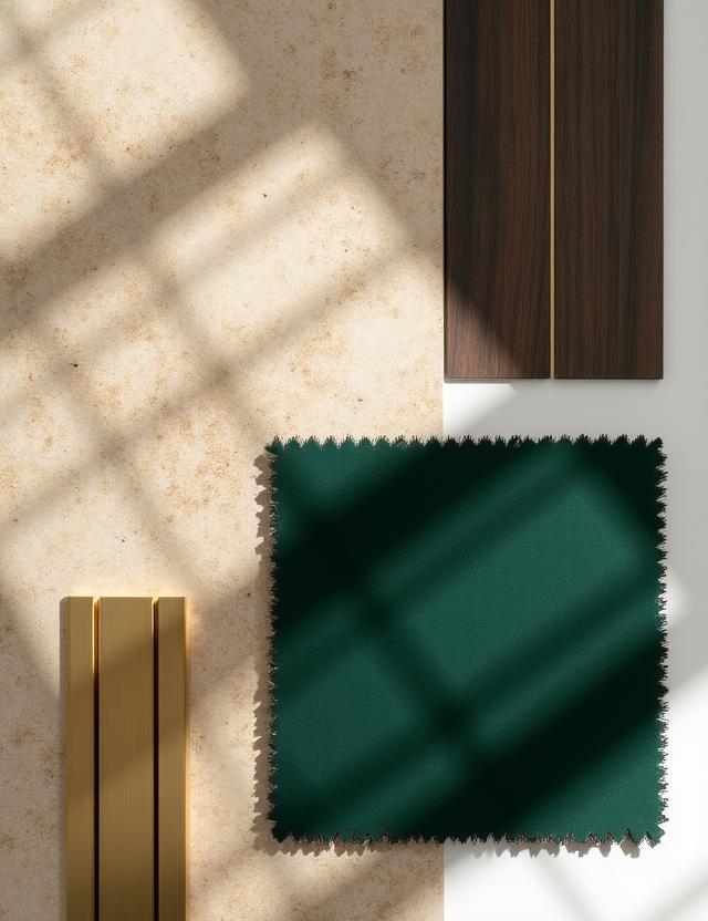 Moodboard di materiali pregiati come Travertino, Ottone e Legno scuro