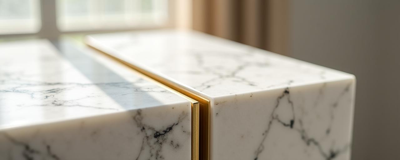 Un dettaglio minimalista di marmo e ottone che riflette l'eleganza di Palatino Interiors