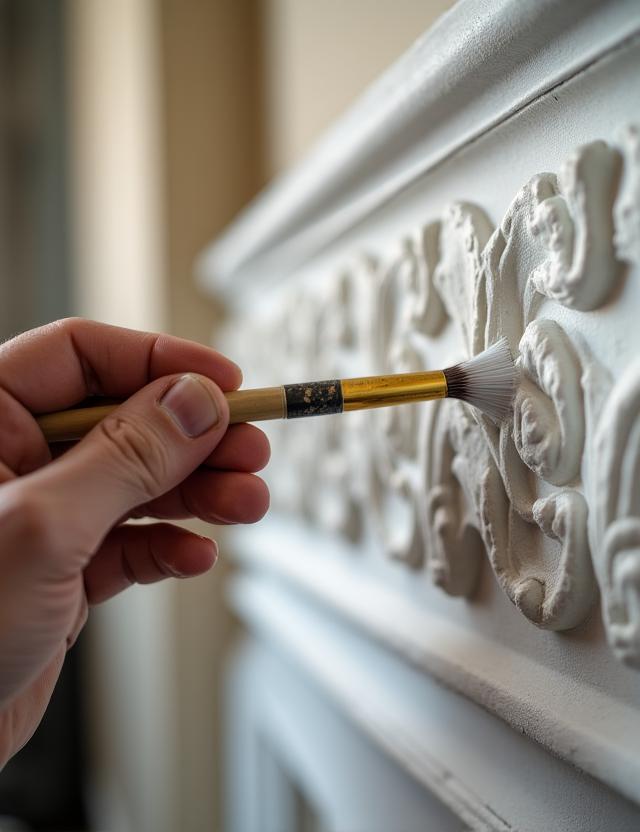 Dettaglio di un restauro manuale su uno stucco decorativo antico