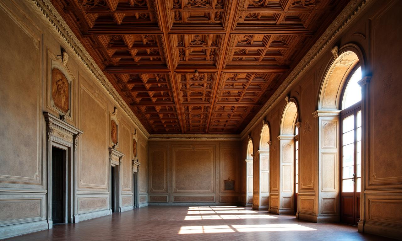 Vista suggestiva di un soffitto a cassettoni restaurato in un palazzo romano