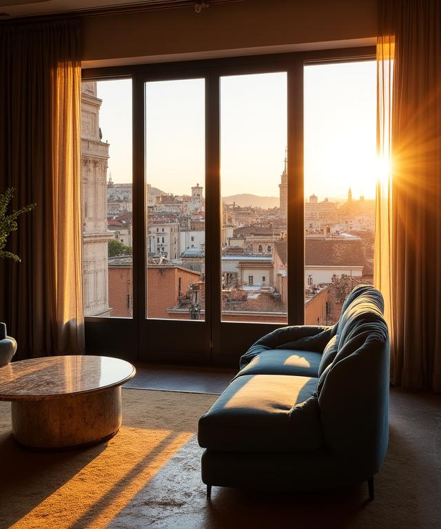 Un interno lussuoso progettato da Palatino Interiors con vista sui tetti di Roma